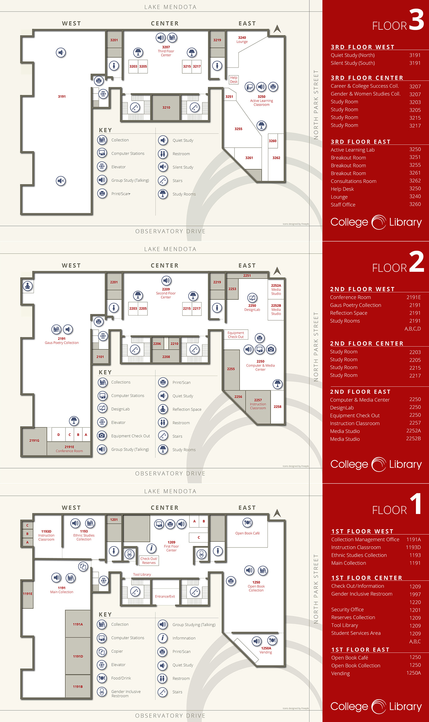 location of college library spaces and services