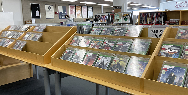 Switch and Xbox Series X video games at College Library
