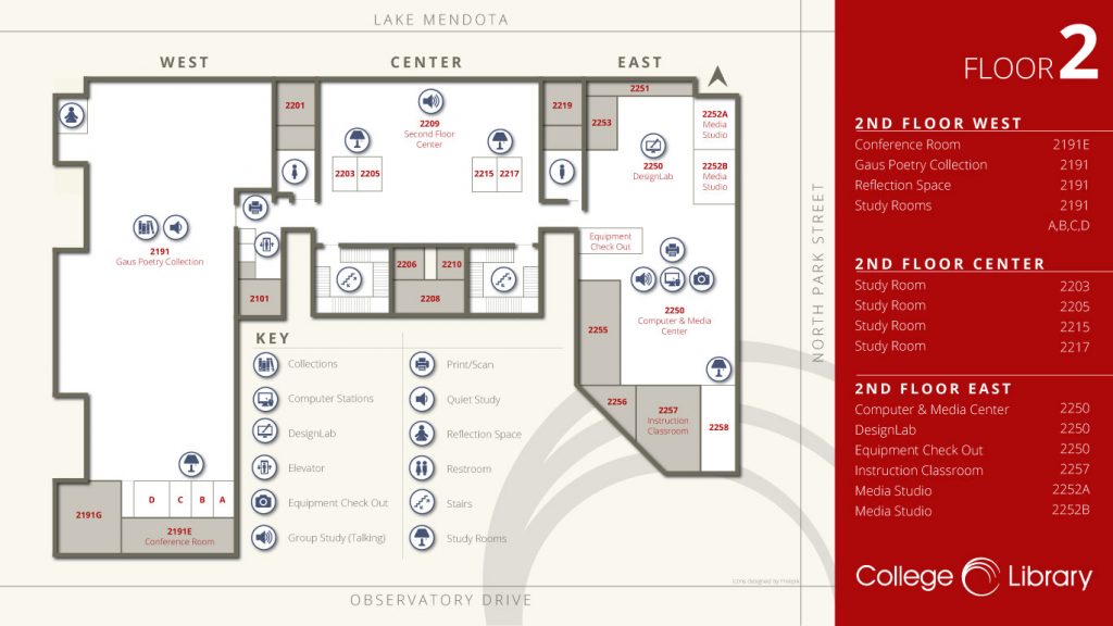 Map of services and spaces on College Library's 2nd floor.