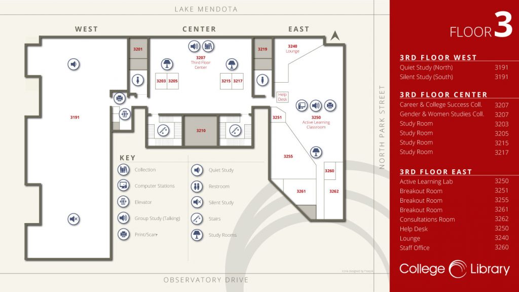Map of services and spaces on College Library's 3rd floor.