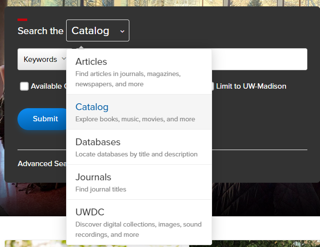 Library website with Search dropdown menu open and Catalog selected