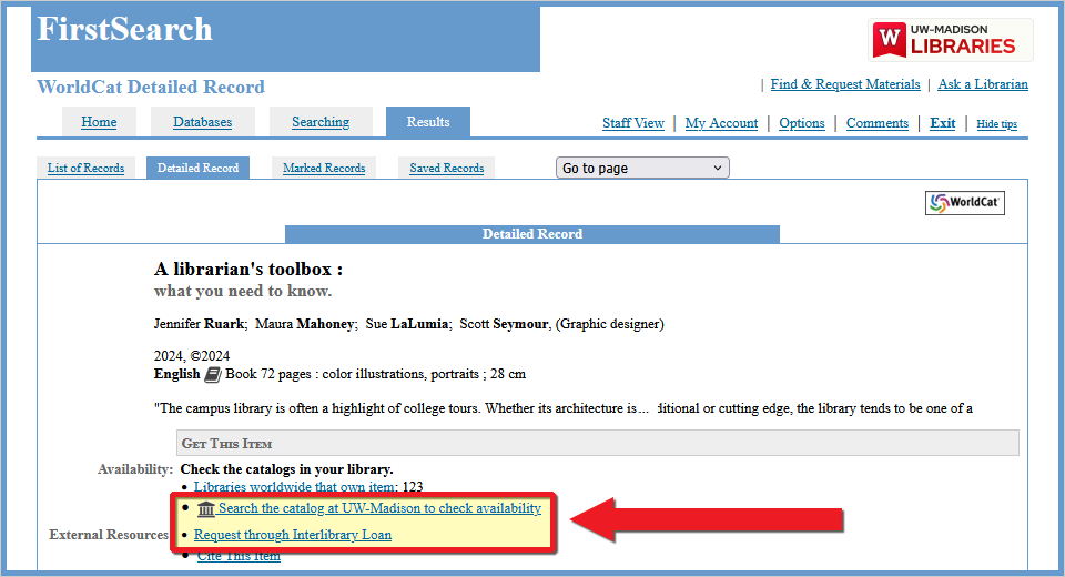 FirstSearch screen shot with links to UW-Madison and Interlibrary loan highlighted.