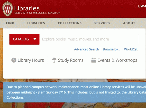 GIF illustrating how to select Journals on Libraries homepage