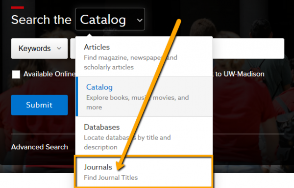 Dropdown menu open with Journals highlighted