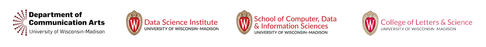 logos for key partners, including Department of Communication Arts, the Data Science Institute, the School of Computer, Data & Information Sciences, and the College of Letters & Science